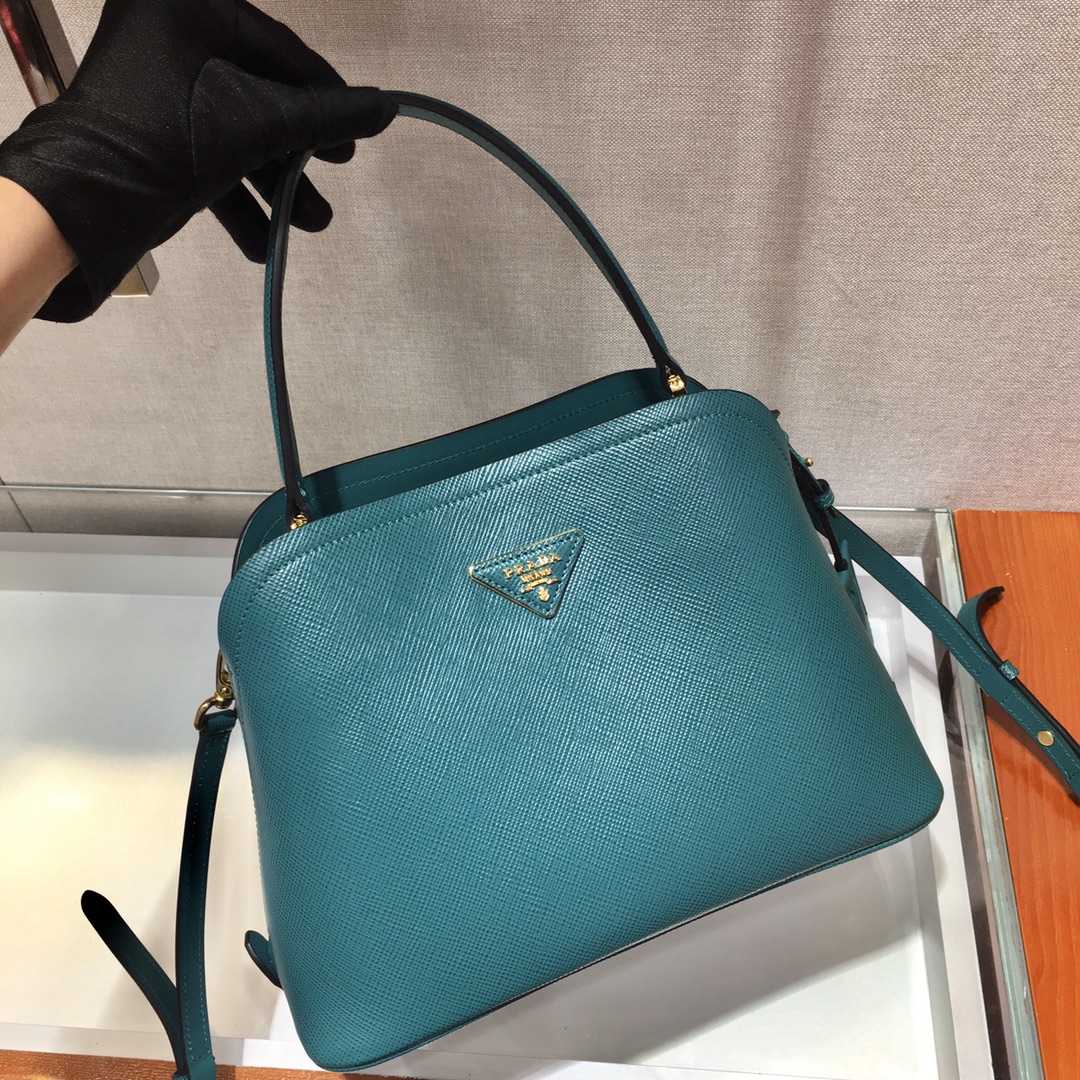 Prada Matinee Saffiano Leather Handbag Bag Tote Blue Paon 1BA282